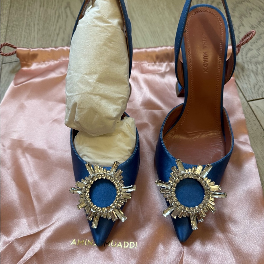 Amina Muaddi Sapphire Embellished Heels